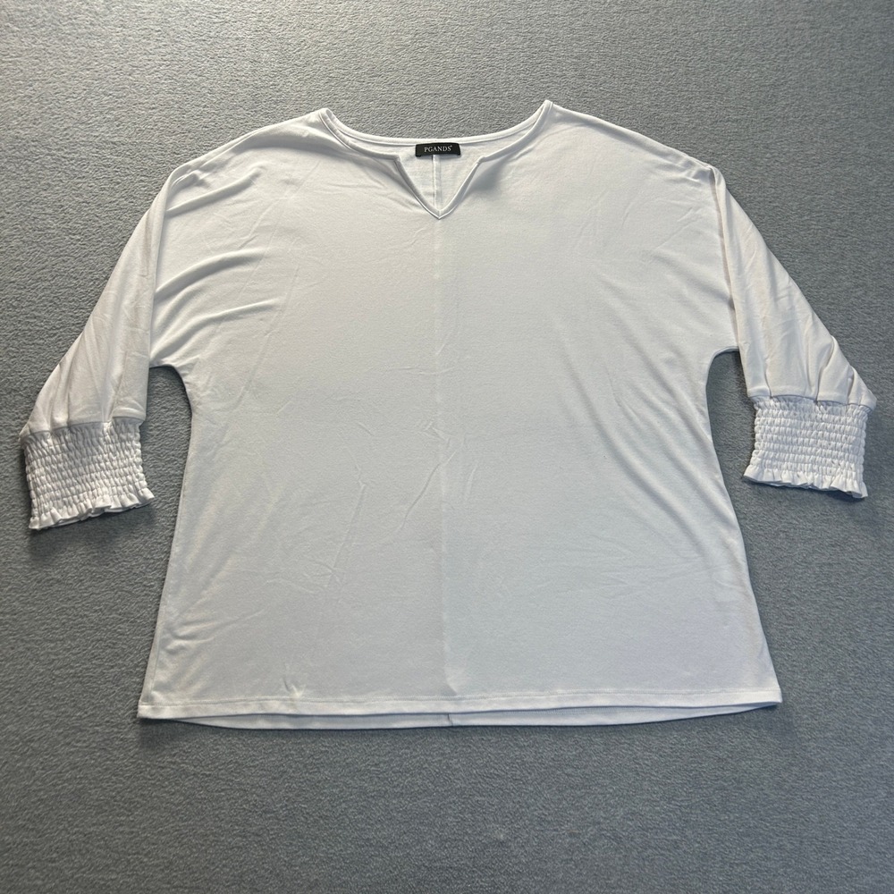 PGANDS 3/4 Sleeve Blouse Womens‎ XL White Split Neck Smocked Cuff Top Pullover